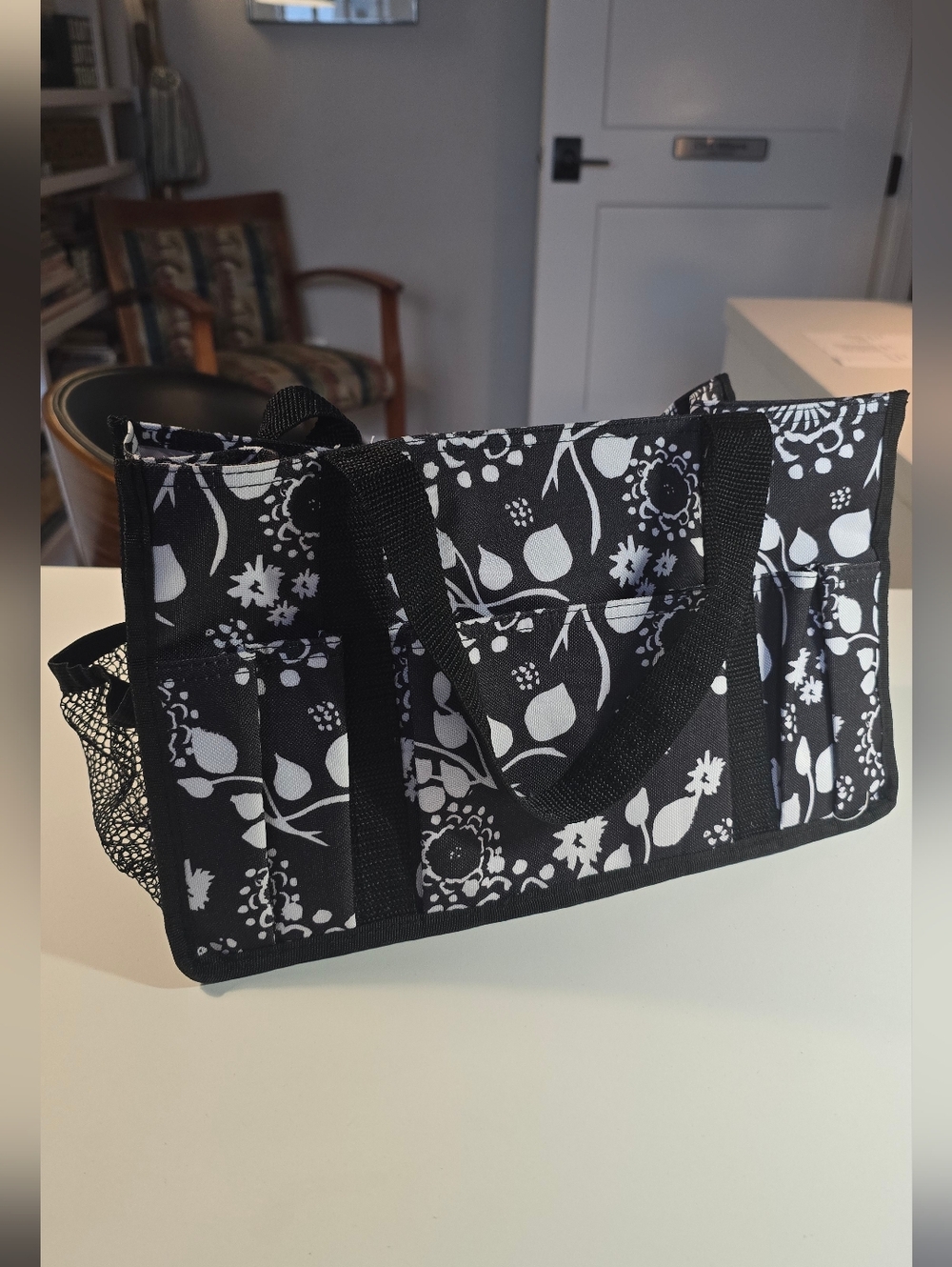 Thirty-One Black & White Floral Tote Bag with Front Mesh Pocket